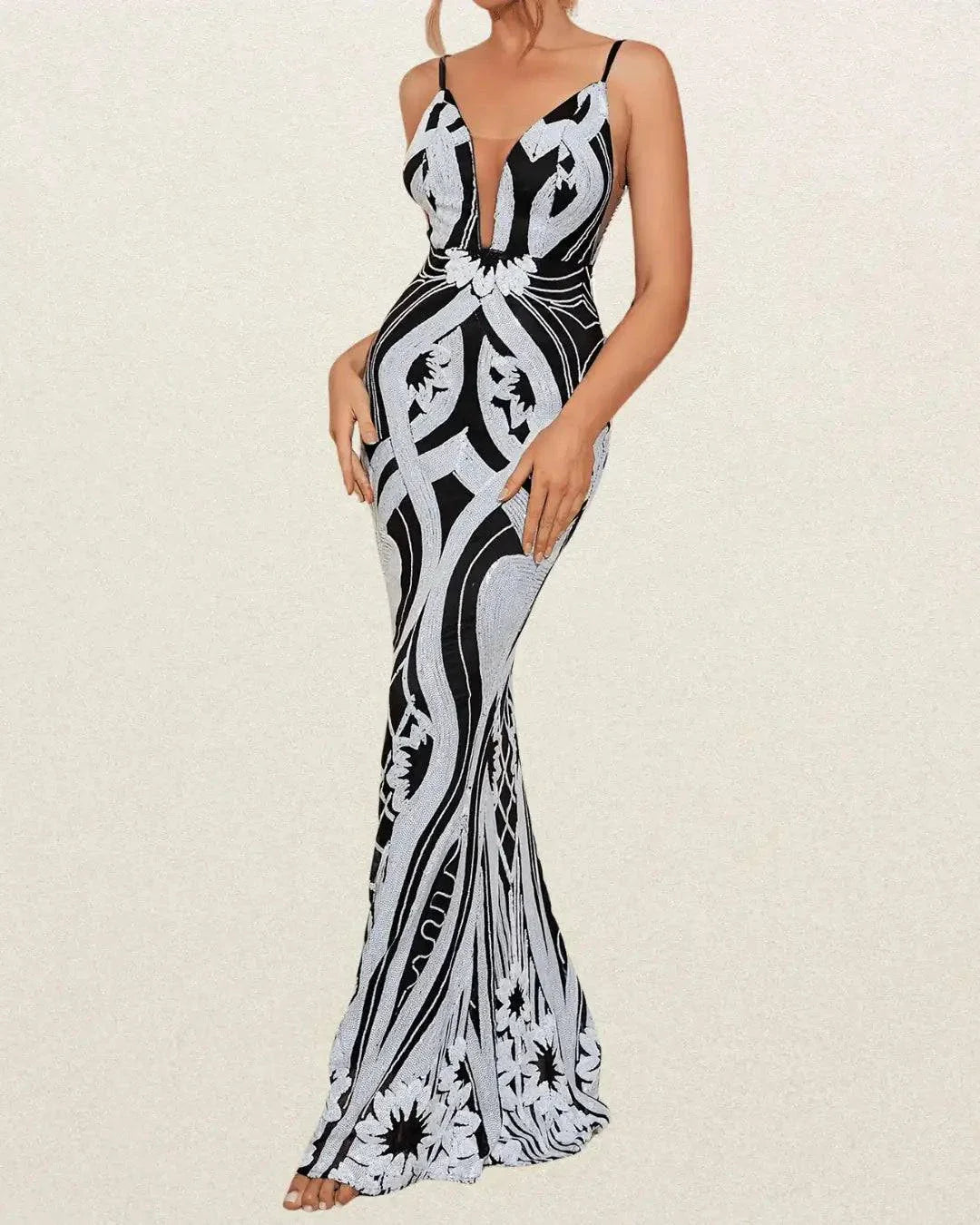 Elegant Women's Long Sequin Dress with Mesh Panel – Slimming Waist, V-Neck, Spaghetti Straps, Black & White Pattern - VougeVampUK
