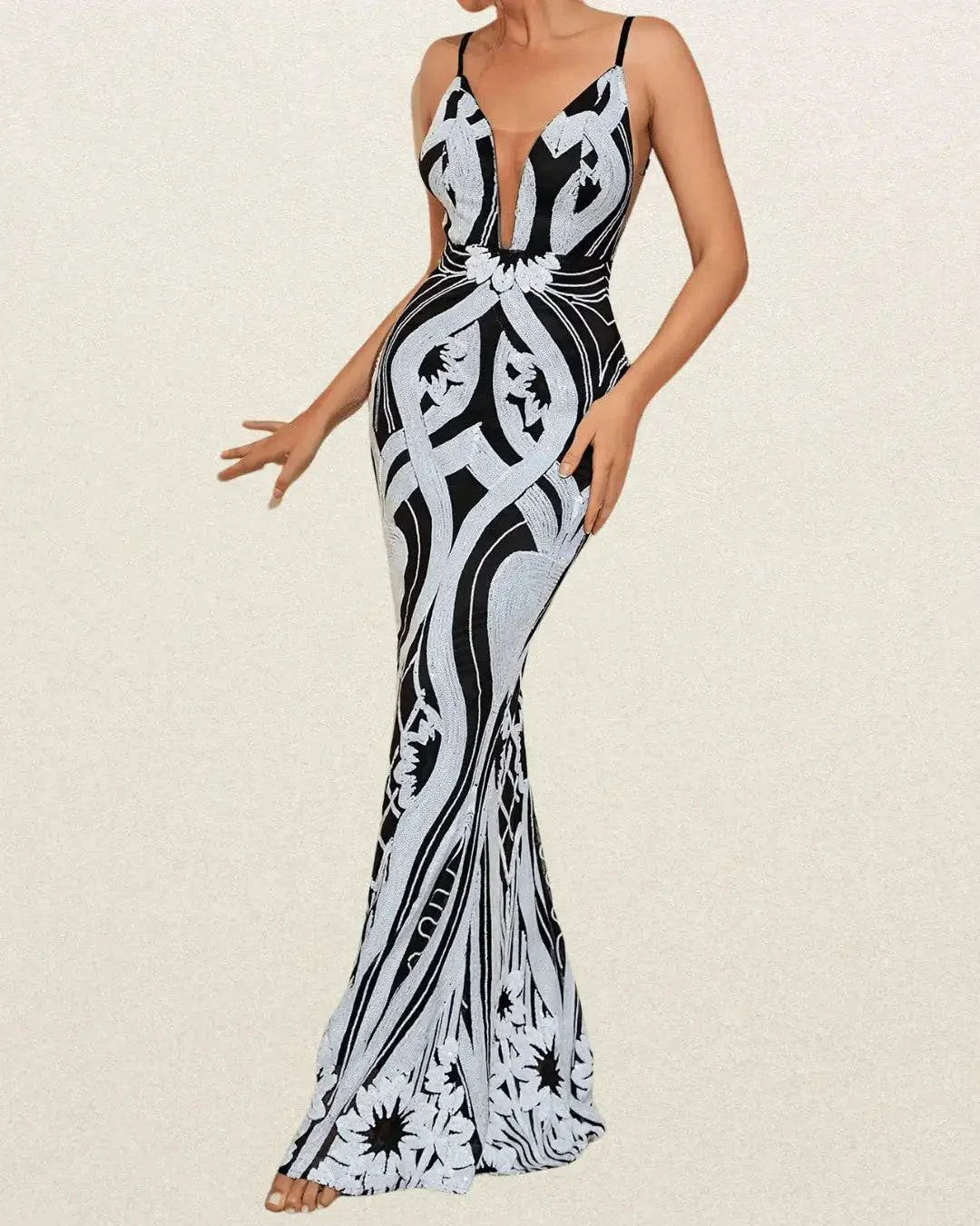 Elegant Women's Long Sequin Dress with Mesh Panel – Slimming Waist, V-Neck, Spaghetti Straps, Black & White Pattern - VougeVampUK