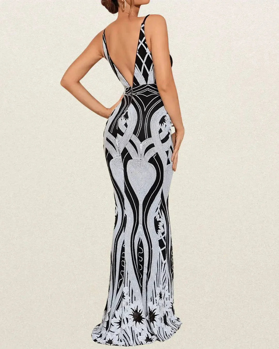 Elegant Women's Long Sequin Dress with Mesh Panel – Slimming Waist, V-Neck, Spaghetti Straps, Black & White Pattern - VougeVampUK