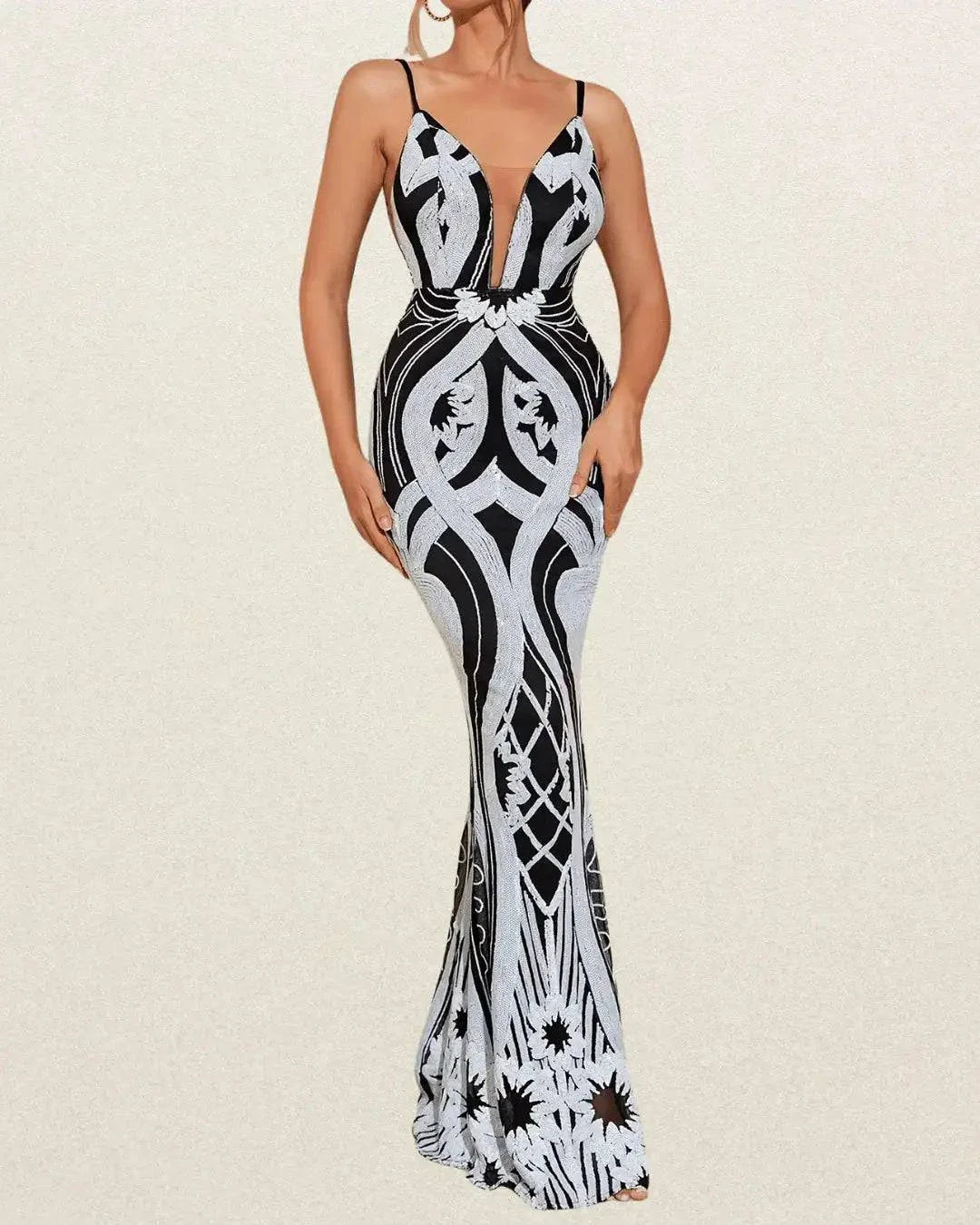 Elegant Women's Long Sequin Dress with Mesh Panel – Slimming Waist, V-Neck, Spaghetti Straps, Black & White Pattern - VougeVampUK