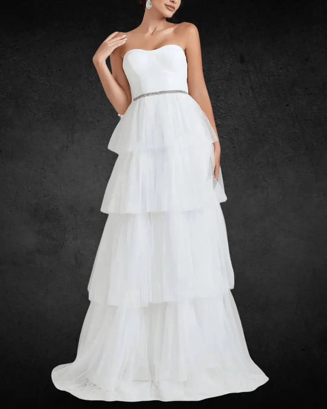 Elegant Designer Wedding Dress with Layered Cake Skirt and Tulle Hem – Unique Bridal Gown - VougeVampUK