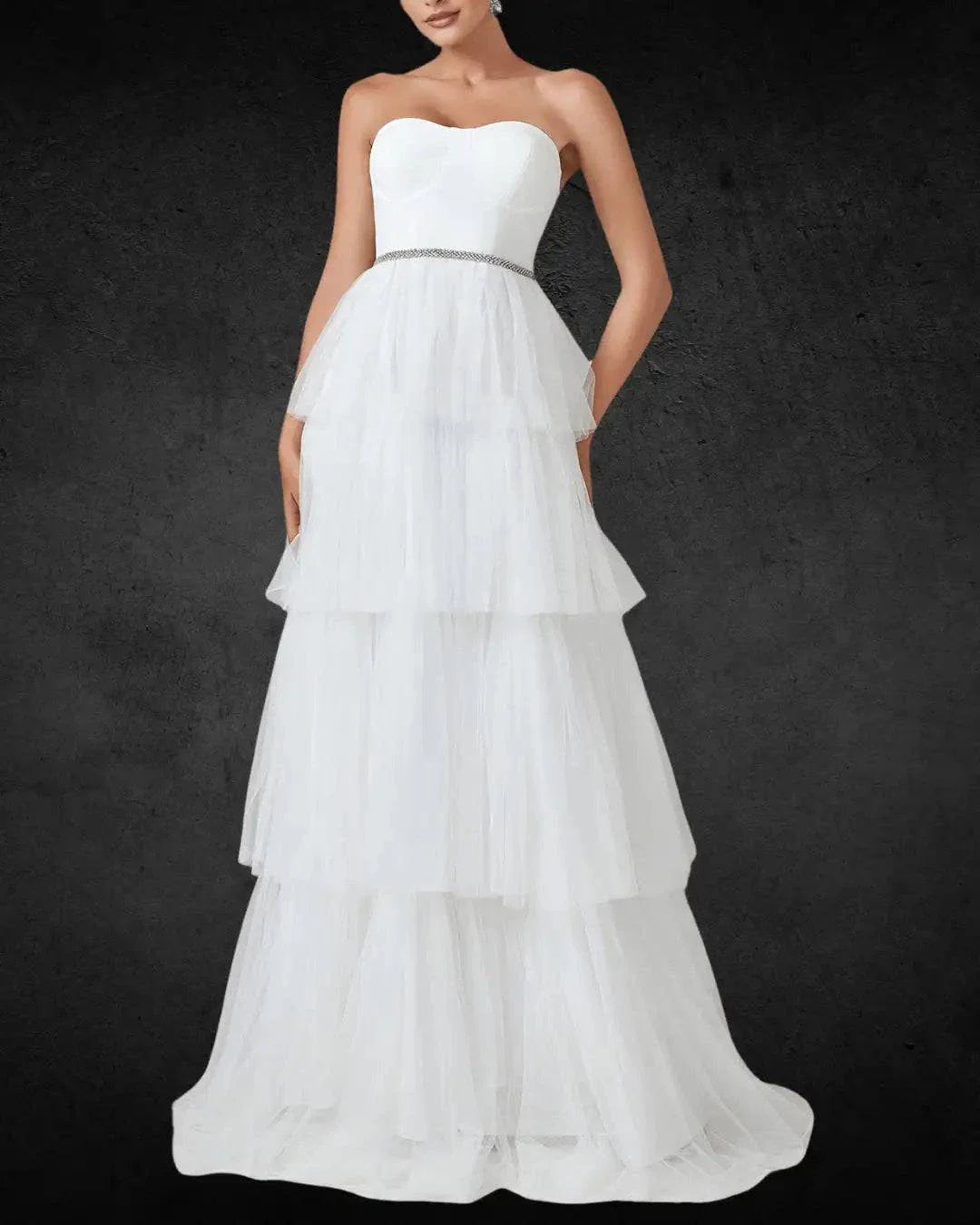 Elegant Designer Wedding Dress with Layered Cake Skirt and Tulle Hem – Unique Bridal Gown - VougeVampUK