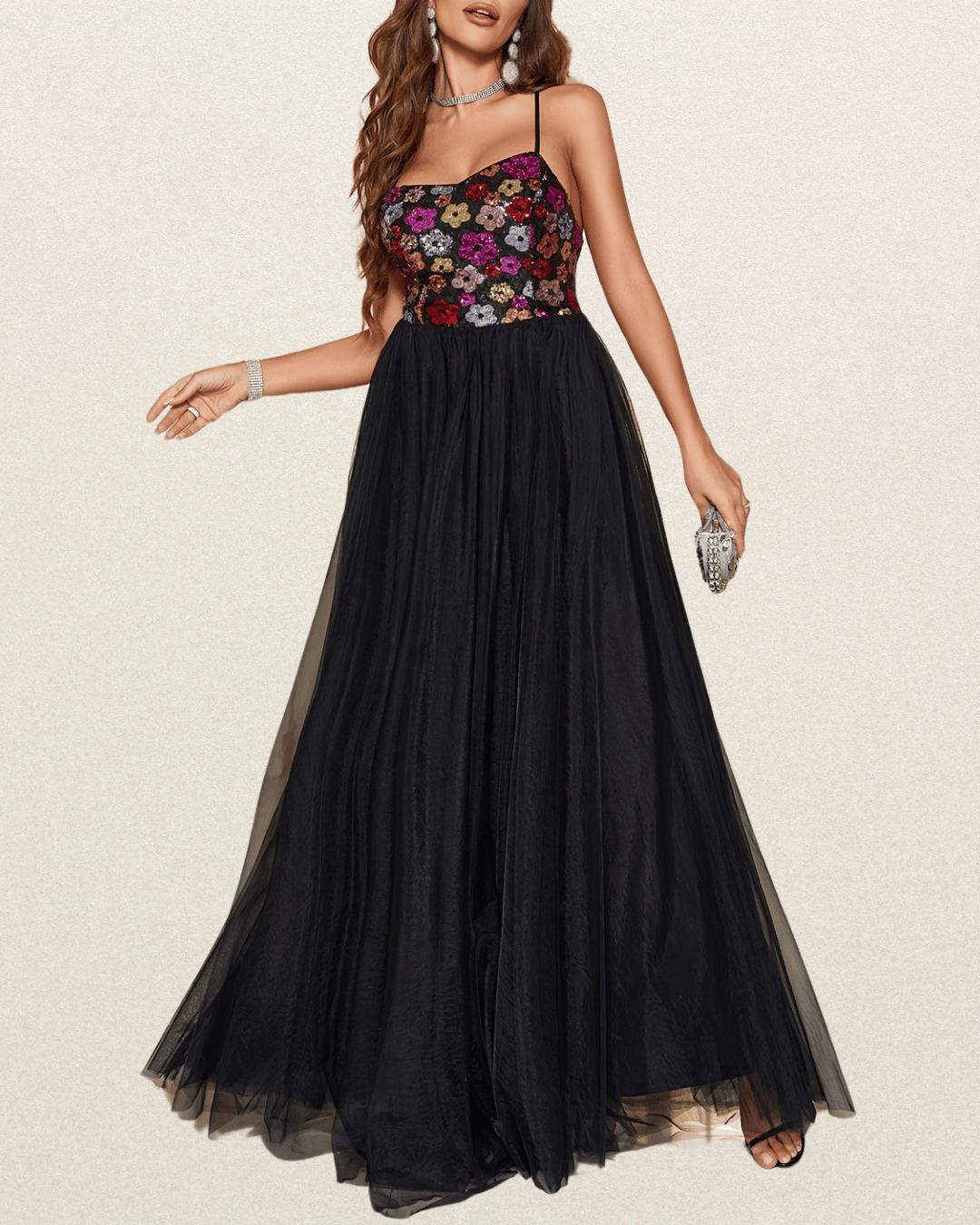 Floral Sequin Spaghetti Strap Dress - Criss Cross Back, Floor Length Evening Gown