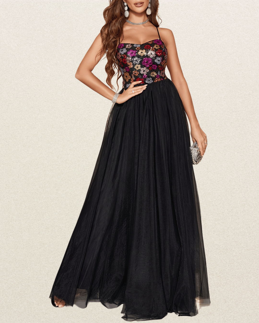 Floral Sequin Spaghetti Strap Dress - Criss Cross Back, Floor Length Evening Gown