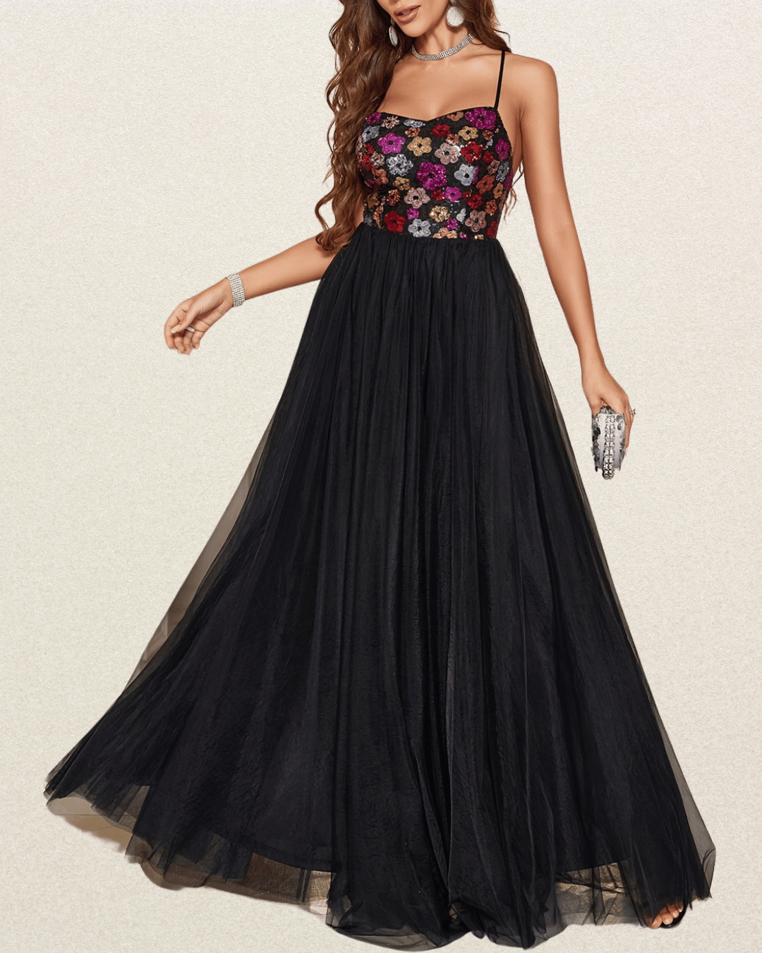 Floral Sequin Spaghetti Strap Dress - Criss Cross Back, Floor Length Evening Gown