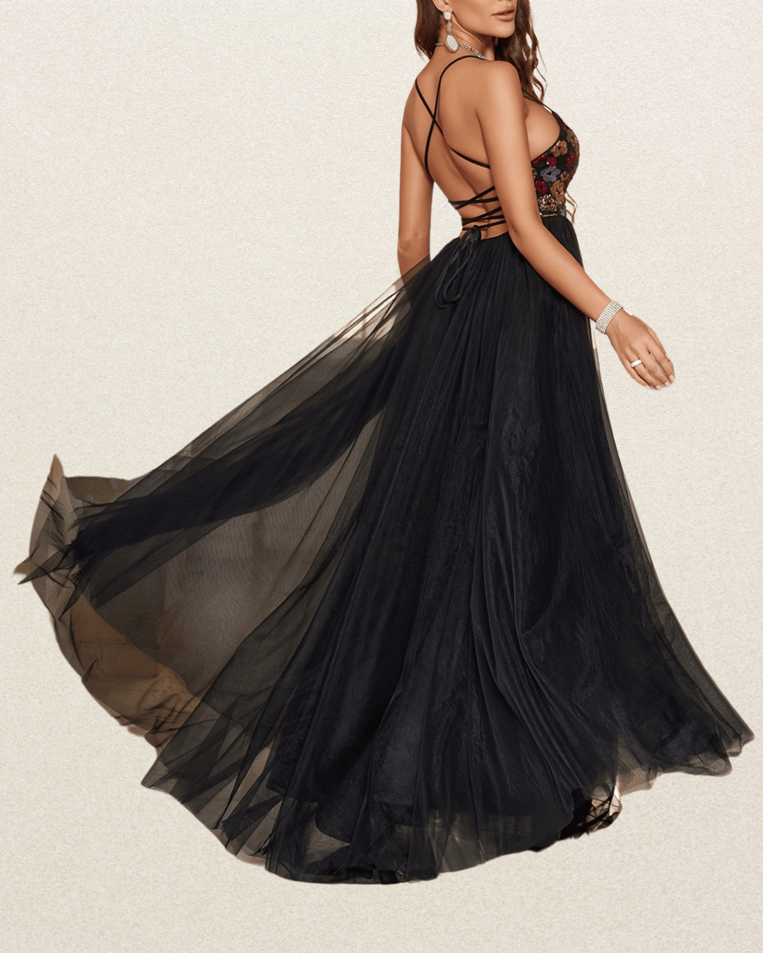 Floral Sequin Spaghetti Strap Dress - Criss Cross Back, Floor Length Evening Gown