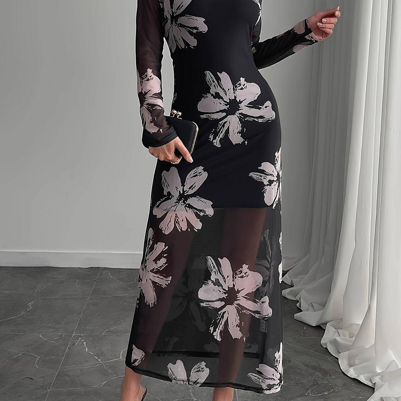 Floral Print Maxi Dress for Women – Black & Beige, Crew Neck, Fitted Long Sleeve, Polyester Knit