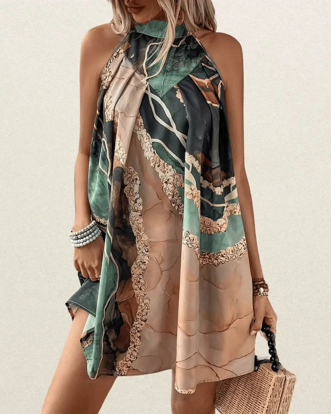 Geometric Pattern Halter Top Dress with Bow Detail – Sleeveless Woven Polyester Summer Dress