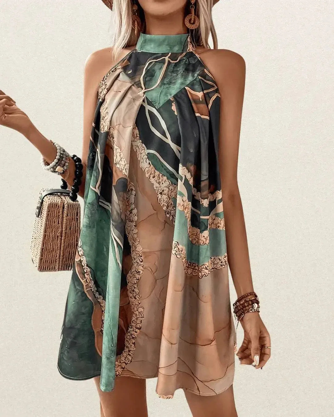 Geometric Pattern Halter Top Dress with Bow Detail – Sleeveless Woven Polyester Summer Dress