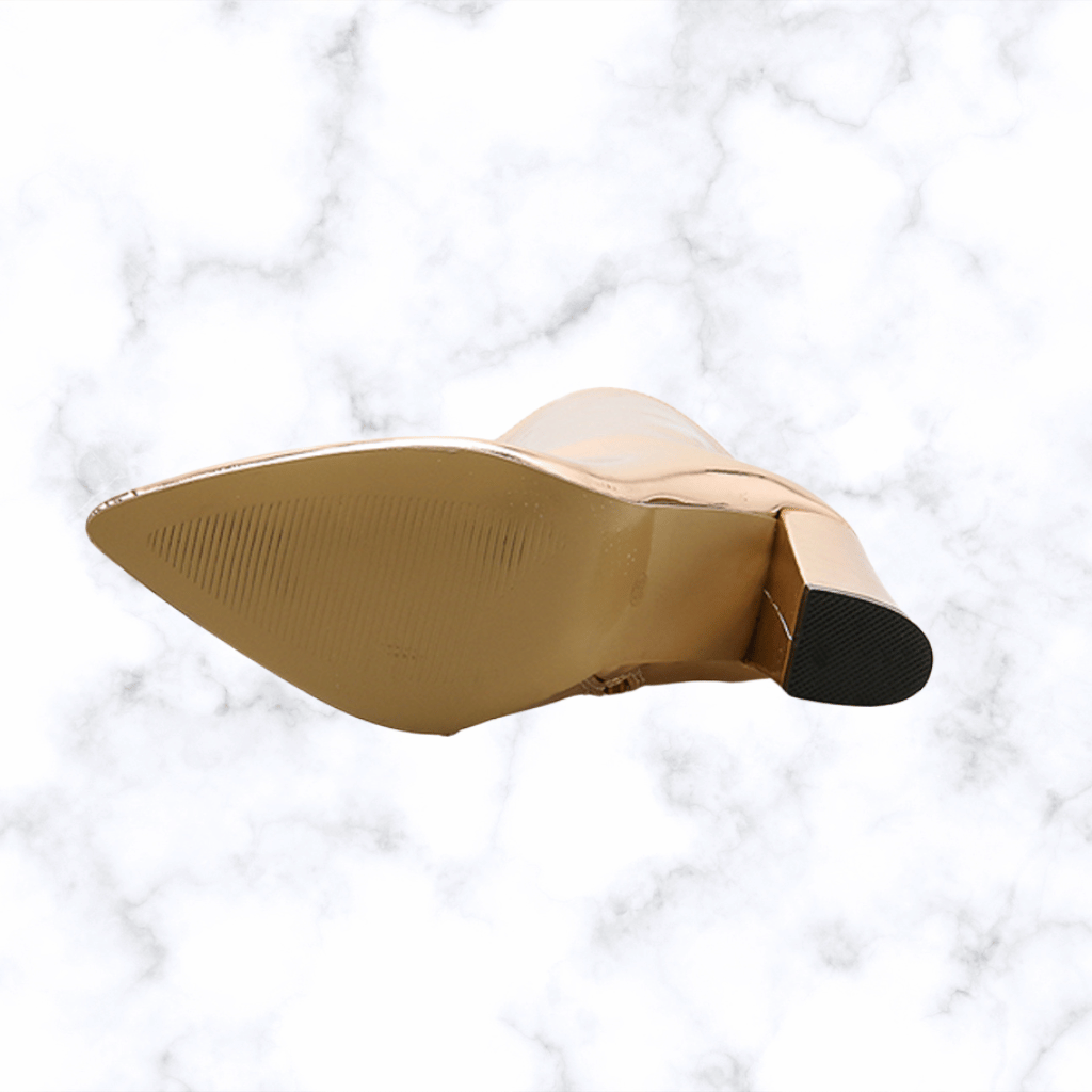 Gold and Silver Leather Ankle Boots for Women, Pointed Toe Square High Heels Chelsea Boots