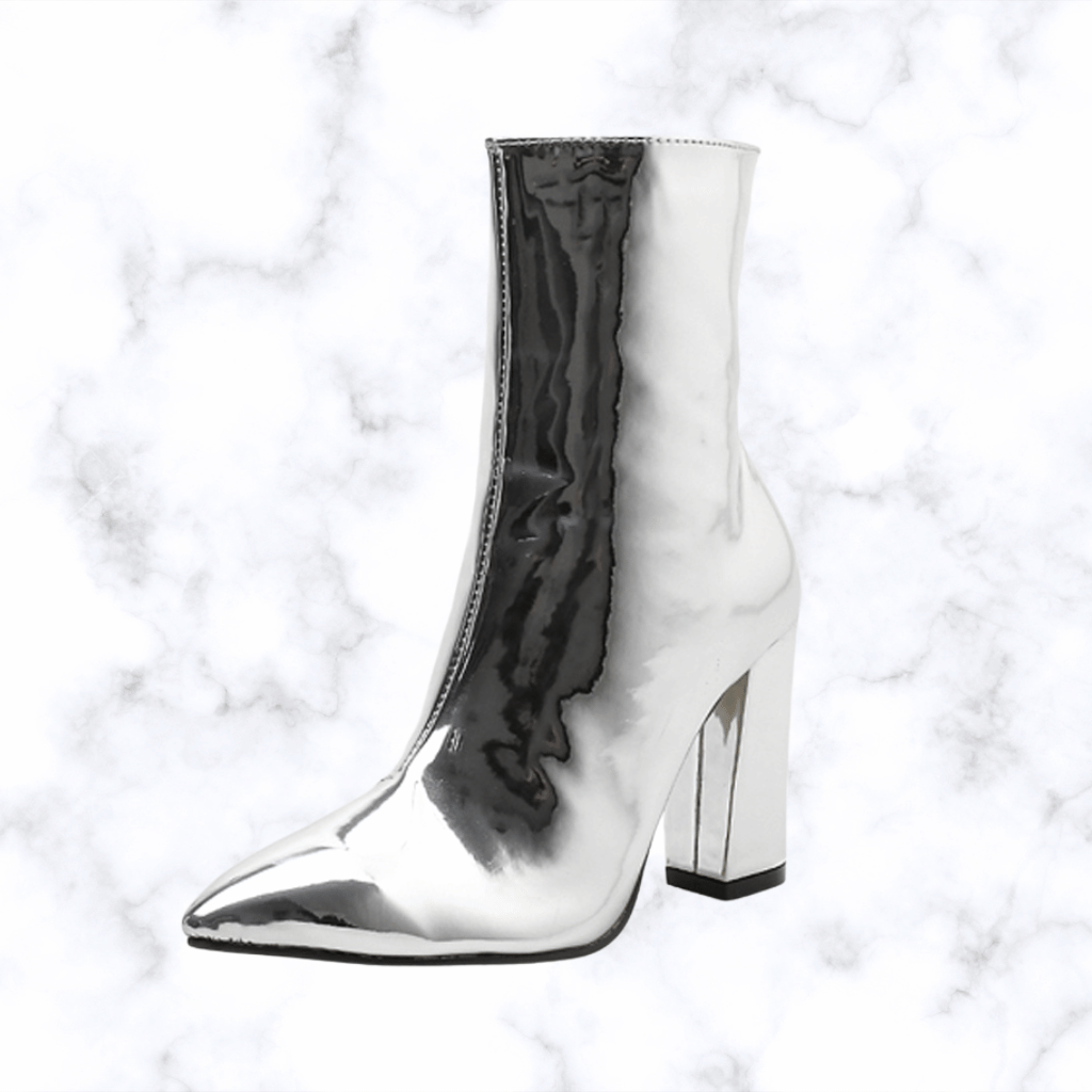 Gold and Silver Leather Ankle Boots for Women, Pointed Toe Square High Heels Chelsea Boots