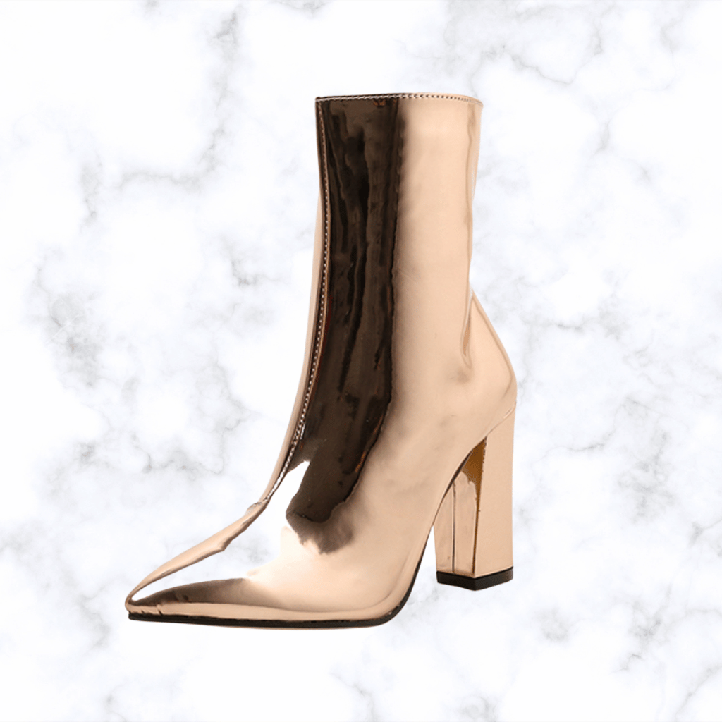 Gold and Silver Leather Ankle Boots for Women, Pointed Toe Square High Heels Chelsea Boots