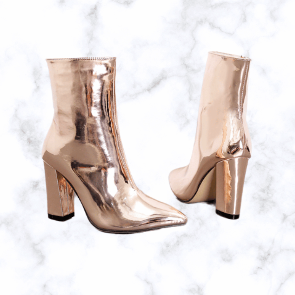 Gold and Silver Leather Ankle Boots for Women, Pointed Toe Square High Heels Chelsea Boots