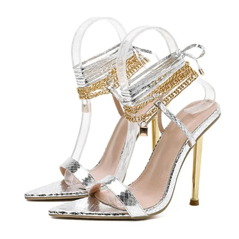 VougeVamp Chain Ankle Strap Sandals - 12CM High Heel Pointed Toe Party Shoes for Women in Gold and White