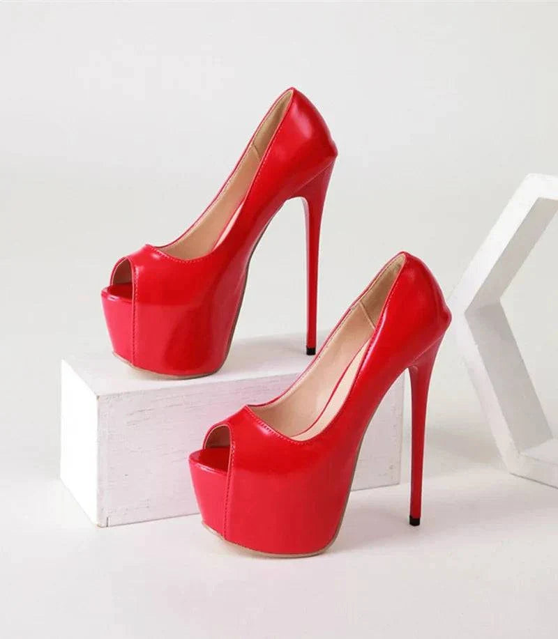 VougeVamp Women’s Red Peep-Toe Platform Pumps – Sexy 17CM High Heels for Weddings, Nightclubs, and Parties