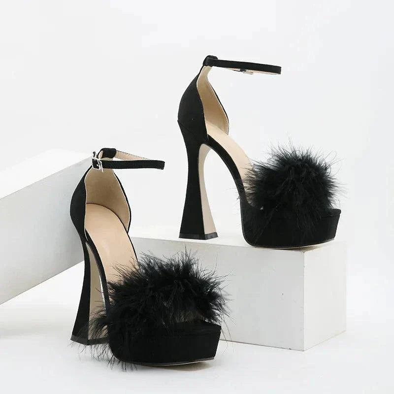 VougeVamp Pink Feather Platform Sandals - Peep Toe High Heel Wedding Shoes for Women