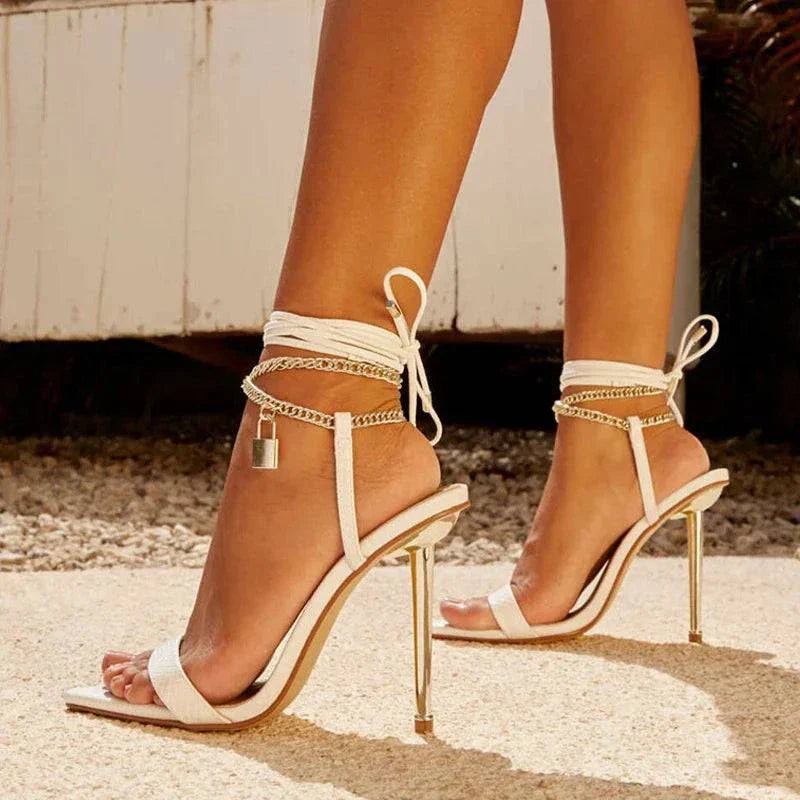 VougeVamp Chain Ankle Strap Sandals - 12CM High Heel Pointed Toe Party Shoes for Women in Gold and White
