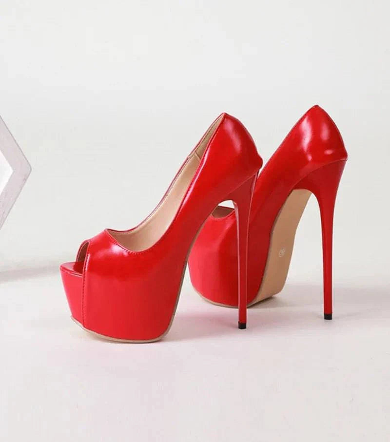 VougeVamp Women’s Red Peep-Toe Platform Pumps – Sexy 17CM High Heels for Weddings, Nightclubs, and Parties