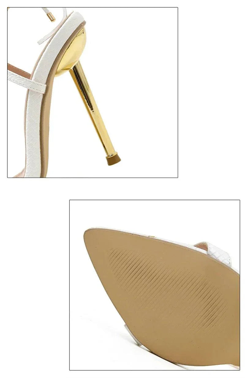 VougeVamp Chain Ankle Strap Sandals - 12CM High Heel Pointed Toe Party Shoes for Women in Gold and White