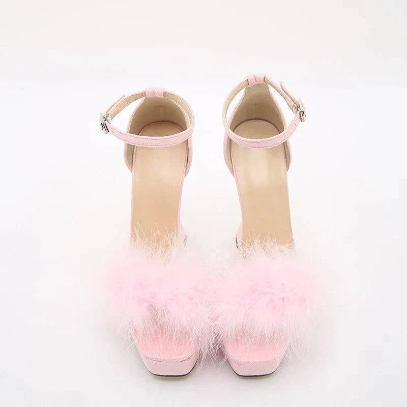 VougeVamp Pink Feather Platform Sandals - Peep Toe High Heel Wedding Shoes for Women