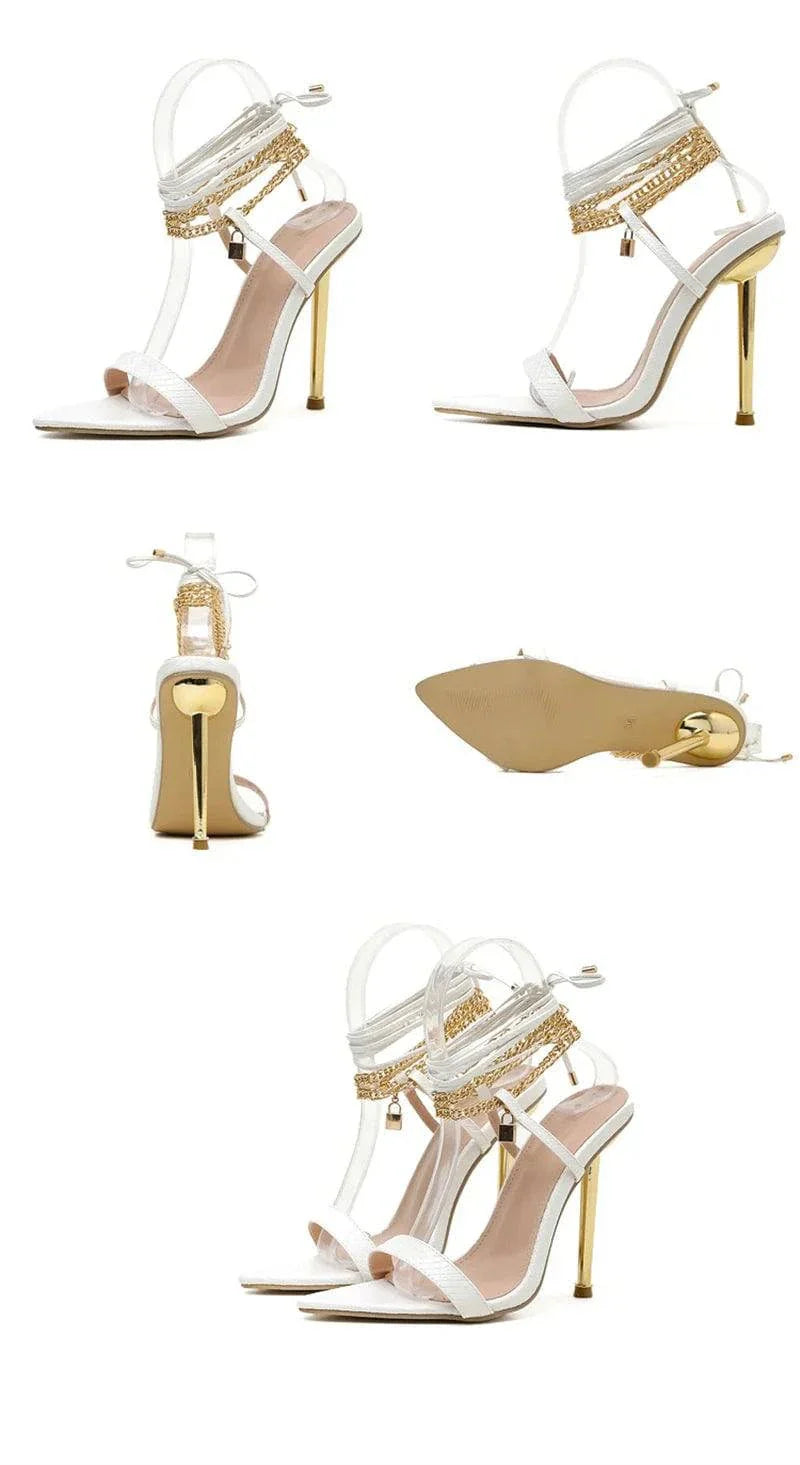 VougeVamp Chain Ankle Strap Sandals - 12CM High Heel Pointed Toe Party Shoes for Women in Gold and White