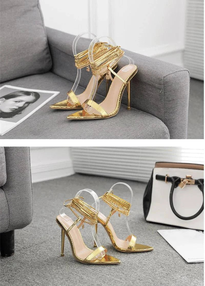 VougeVamp Chain Ankle Strap Sandals - 12CM High Heel Pointed Toe Party Shoes for Women in Gold and White
