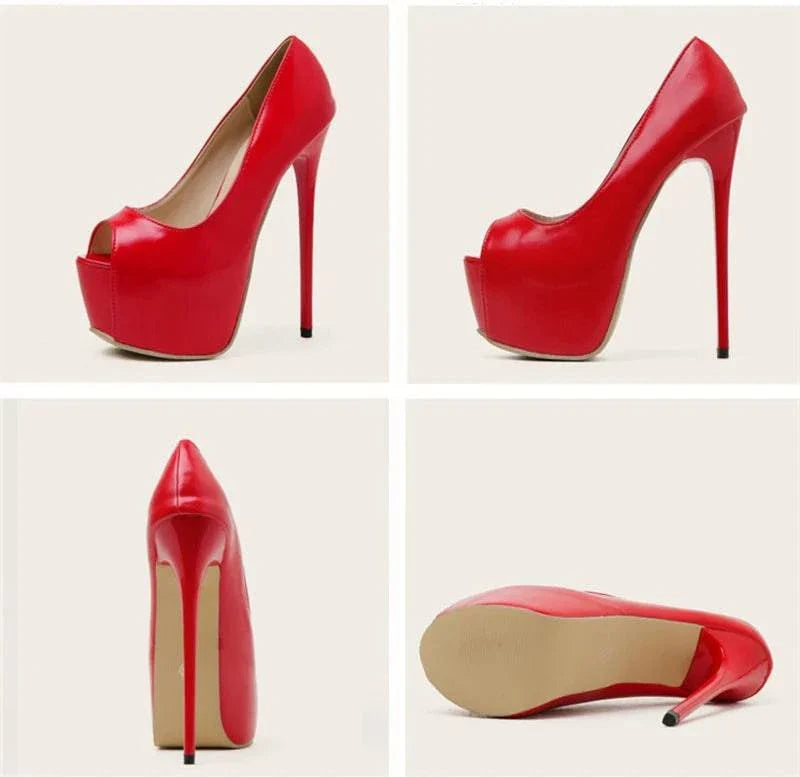 VougeVamp Women’s Red Peep-Toe Platform Pumps – Sexy 17CM High Heels for Weddings, Nightclubs, and Parties