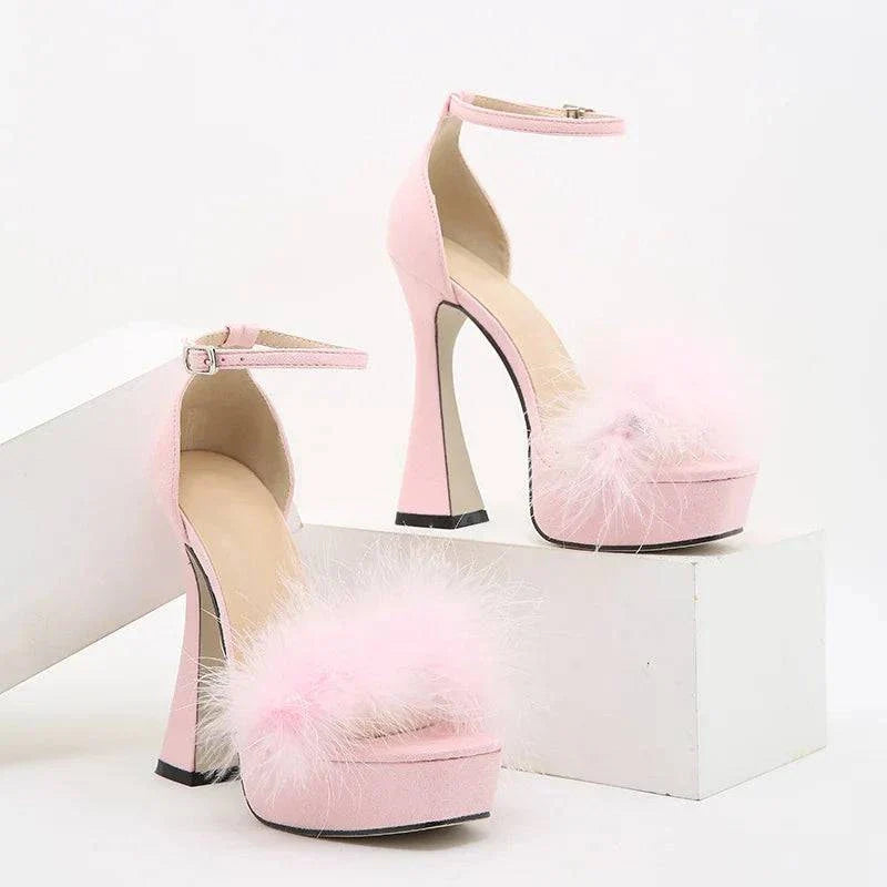 VougeVamp Pink Feather Platform Sandals - Peep Toe High Heel Wedding Shoes for Women