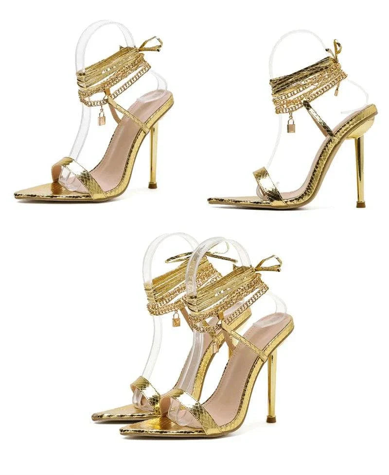 VougeVamp Chain Ankle Strap Sandals - 12CM High Heel Pointed Toe Party Shoes for Women in Gold and White