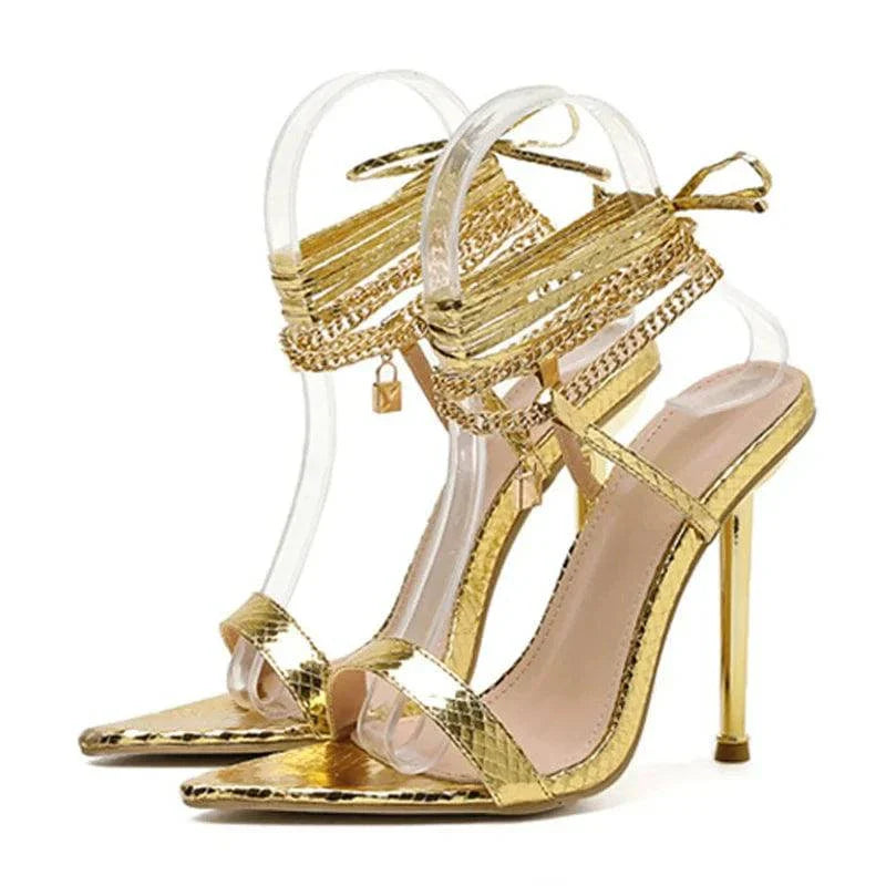 VougeVamp Chain Ankle Strap Sandals - 12CM High Heel Pointed Toe Party Shoes for Women in Gold and White