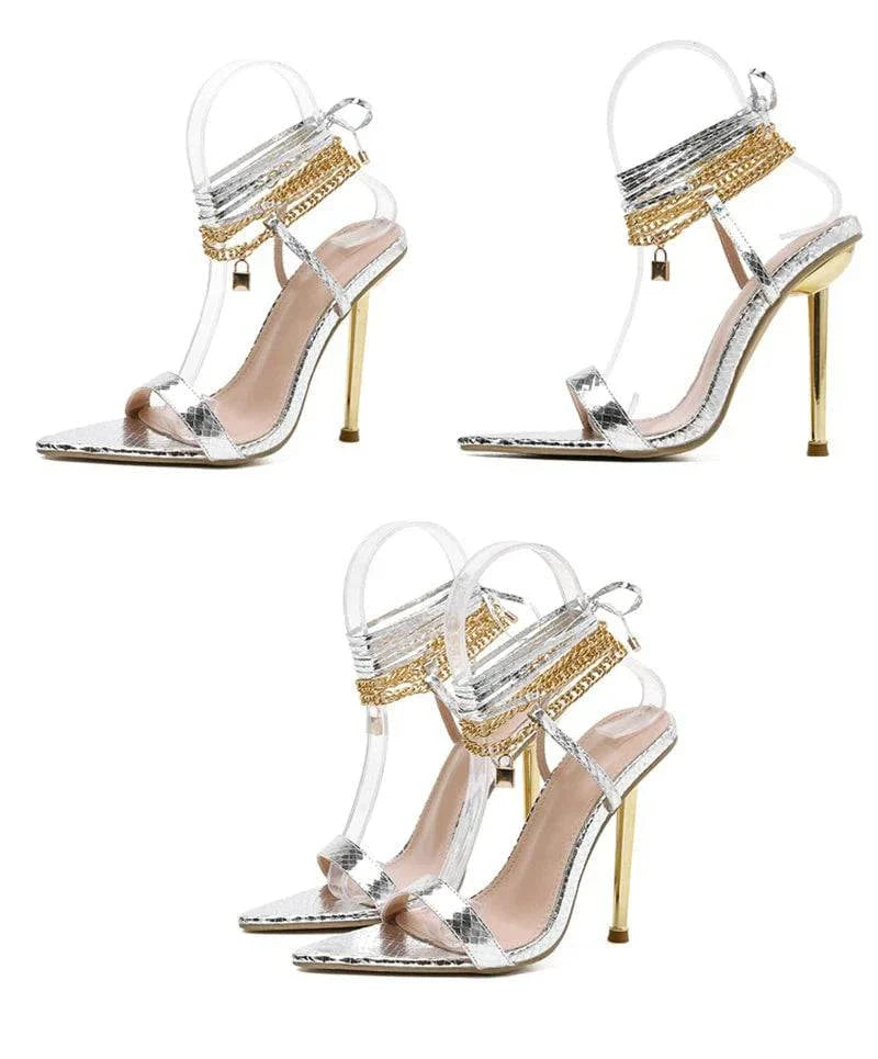VougeVamp Chain Ankle Strap Sandals - 12CM High Heel Pointed Toe Party Shoes for Women in Gold and White