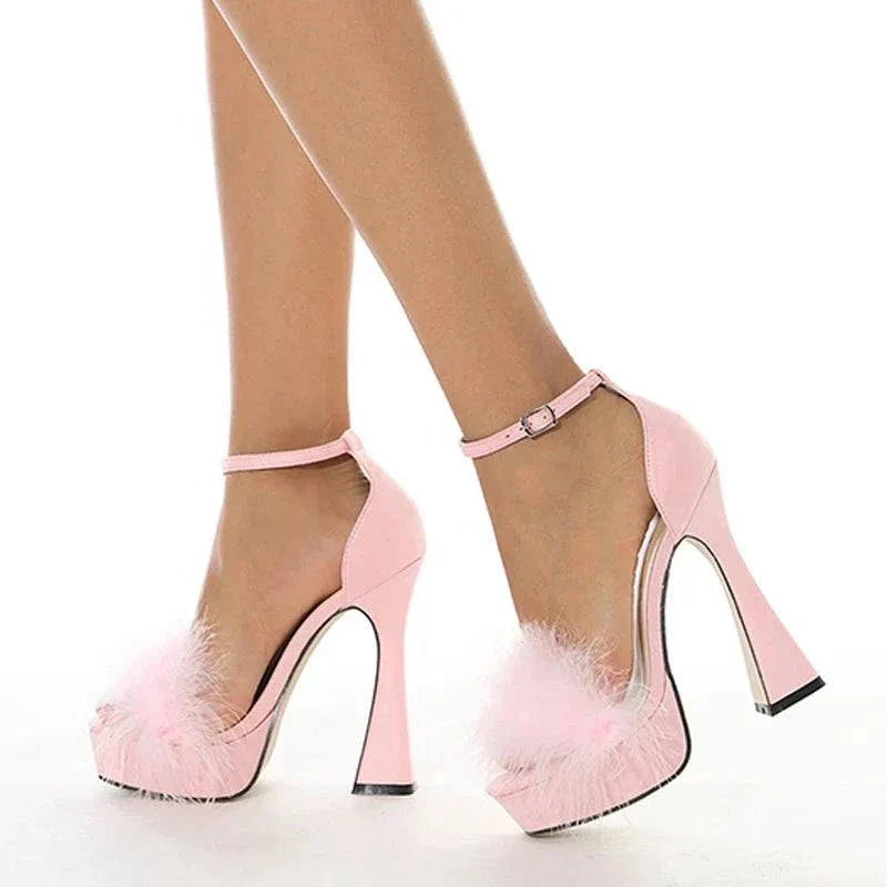VougeVamp Pink Feather Platform Sandals - Peep Toe High Heel Wedding Shoes for Women