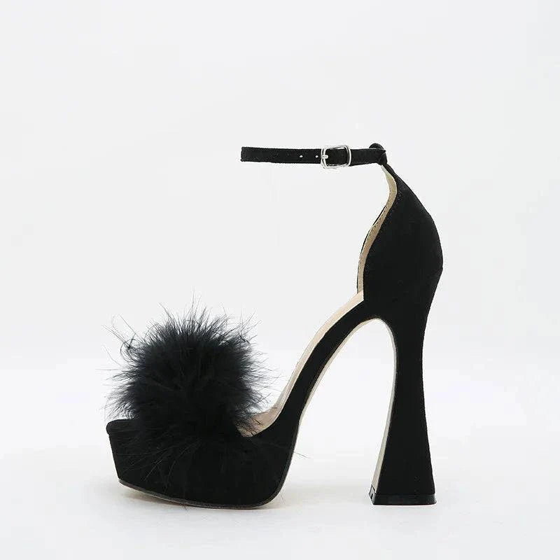 VougeVamp Pink Feather Platform Sandals - Peep Toe High Heel Wedding Shoes for Women