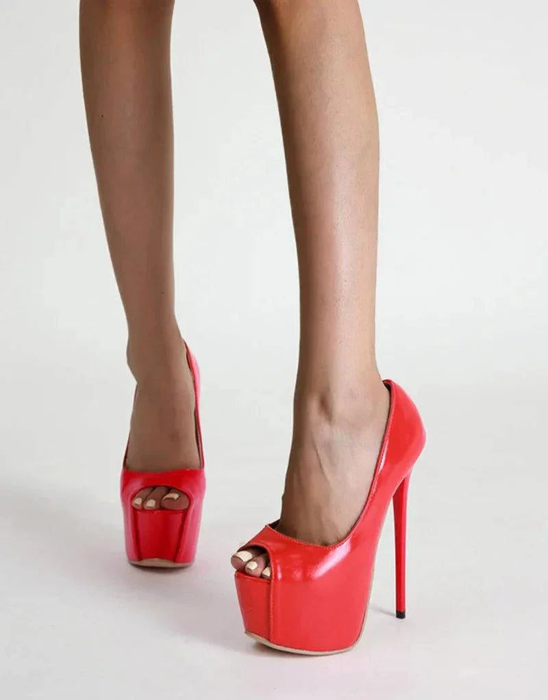 VougeVamp Women’s Red Peep-Toe Platform Pumps – Sexy 17CM High Heels for Weddings, Nightclubs, and Parties
