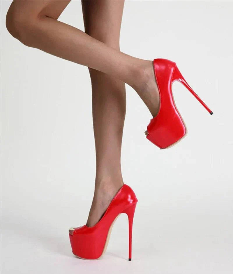 VougeVamp Women’s Red Peep-Toe Platform Pumps – Sexy 17CM High Heels for Weddings, Nightclubs, and Parties