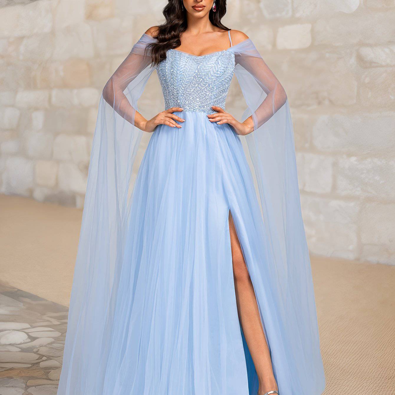 Hand-Embroidered Blue Sequined Off-Shoulder Evening Dress with Spaghetti Straps