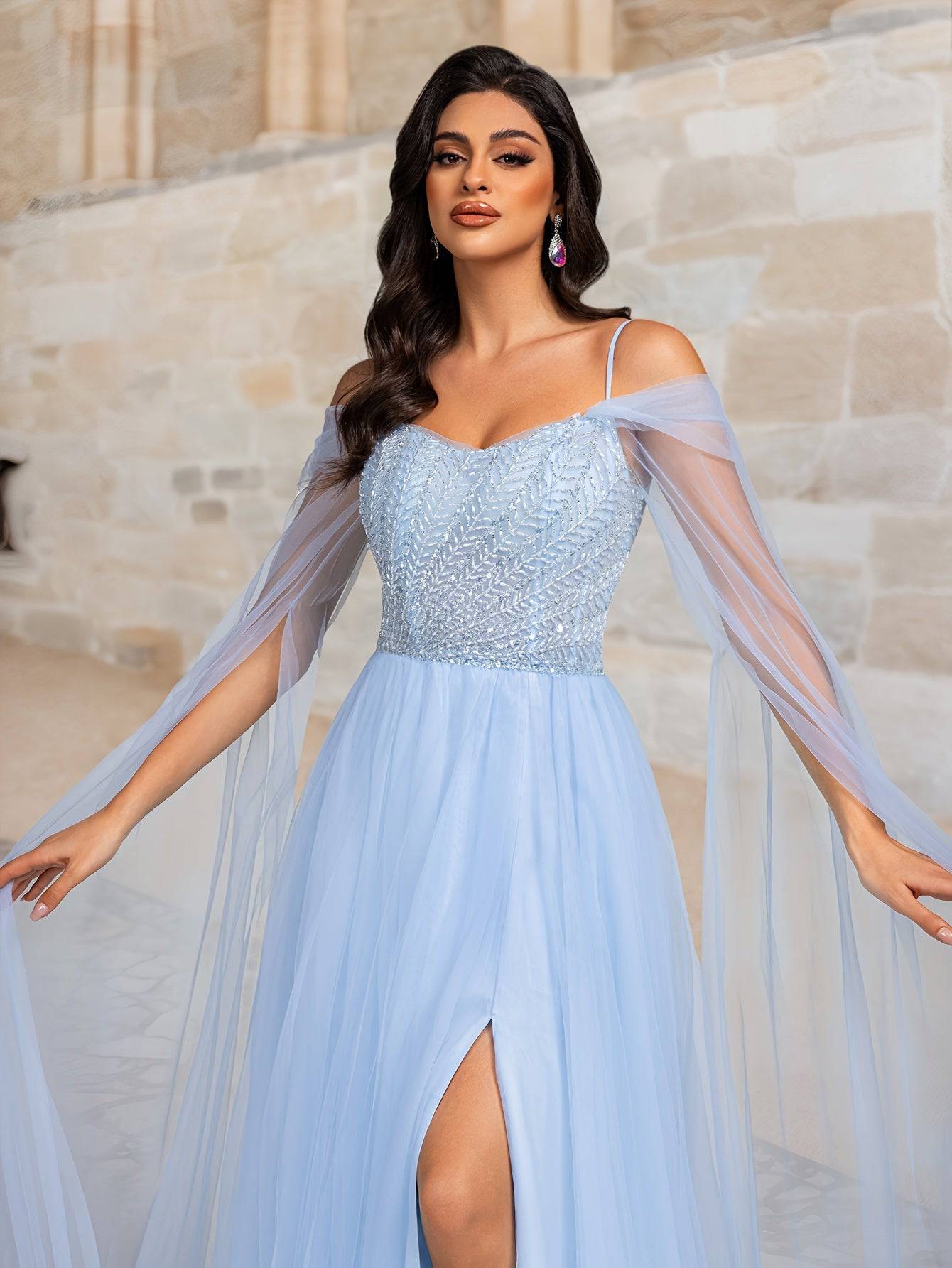 Hand-Embroidered Blue Sequined Off-Shoulder Evening Dress with Spaghetti Straps