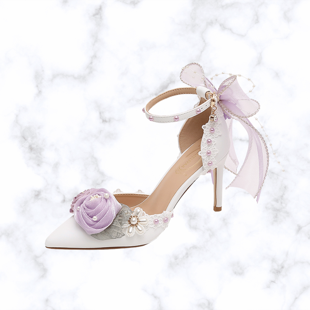 Handmade Designer Lolita Style Wedding Shoes – Pointed Toe Bridal Heels with Butterfly-Knot Detailing