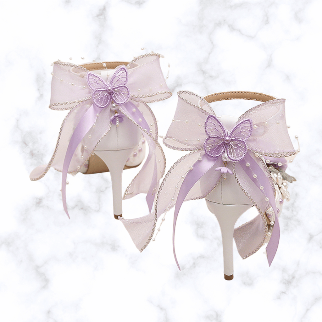 Handmade Designer Lolita Style Wedding Shoes – Pointed Toe Bridal Heels with Butterfly-Knot Detailing