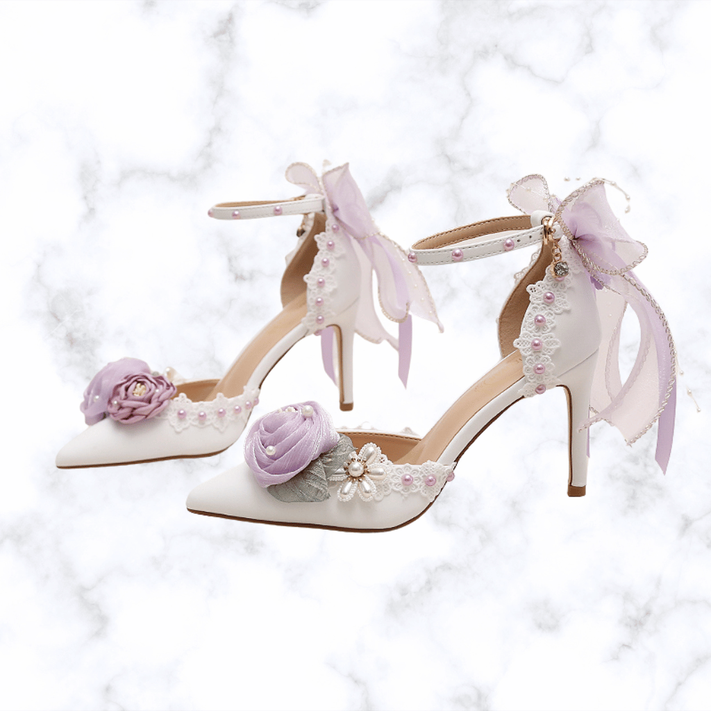 Handmade Designer Lolita Style Wedding Shoes – Pointed Toe Bridal Heels with Butterfly-Knot Detailing