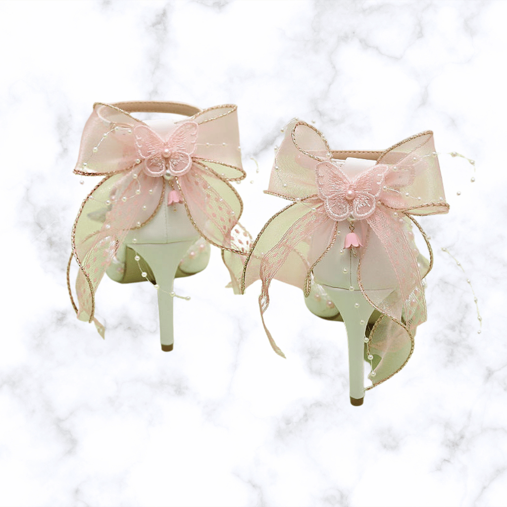 Handmade Designer Lolita Style Wedding Shoes – Pointed Toe Bridal Heels with Butterfly-Knot Detailing