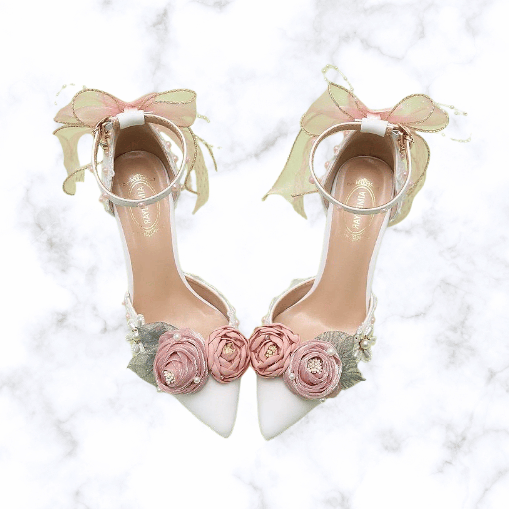 Handmade Designer Lolita Style Wedding Shoes – Pointed Toe Bridal Heels with Butterfly-Knot Detailing