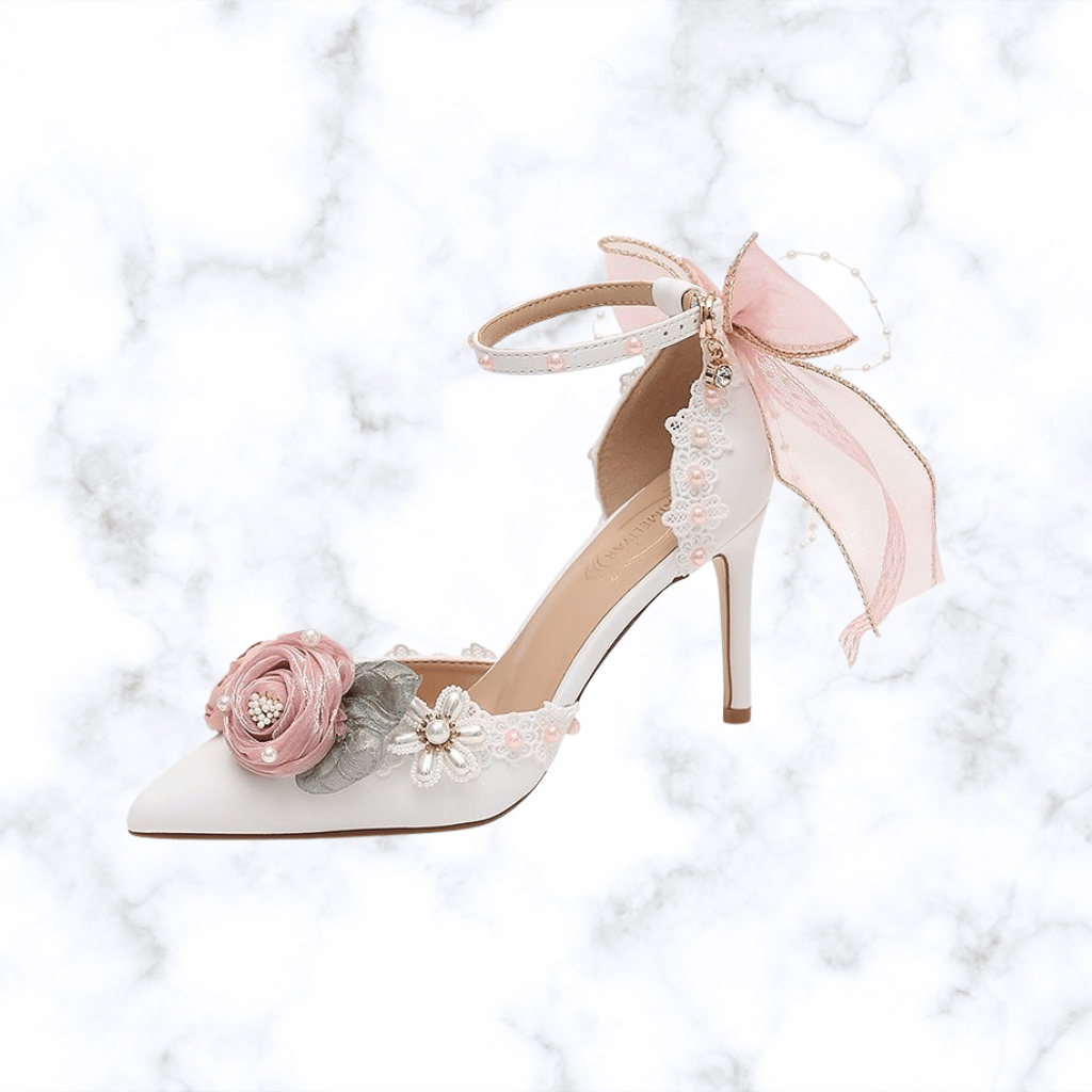 Handmade Designer Lolita Style Wedding Shoes – Pointed Toe Bridal Heels with Butterfly-Knot Detailing