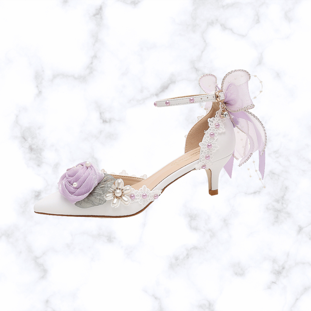 Handmade Designer Lolita Style Wedding Shoes – Pointed Toe Bridal Heels with Butterfly-Knot Detailing