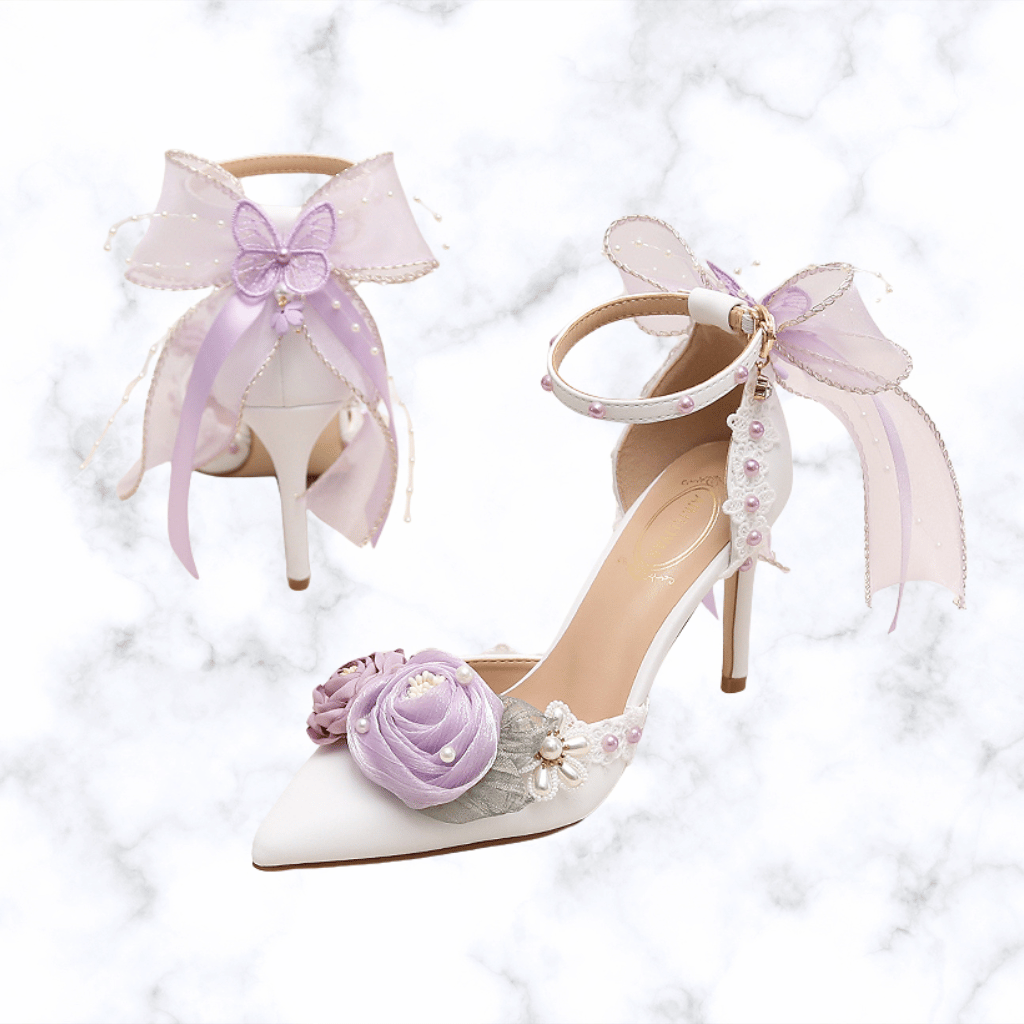 Handmade Designer Lolita Style Wedding Shoes – Pointed Toe Bridal Heels with Butterfly-Knot Detailing