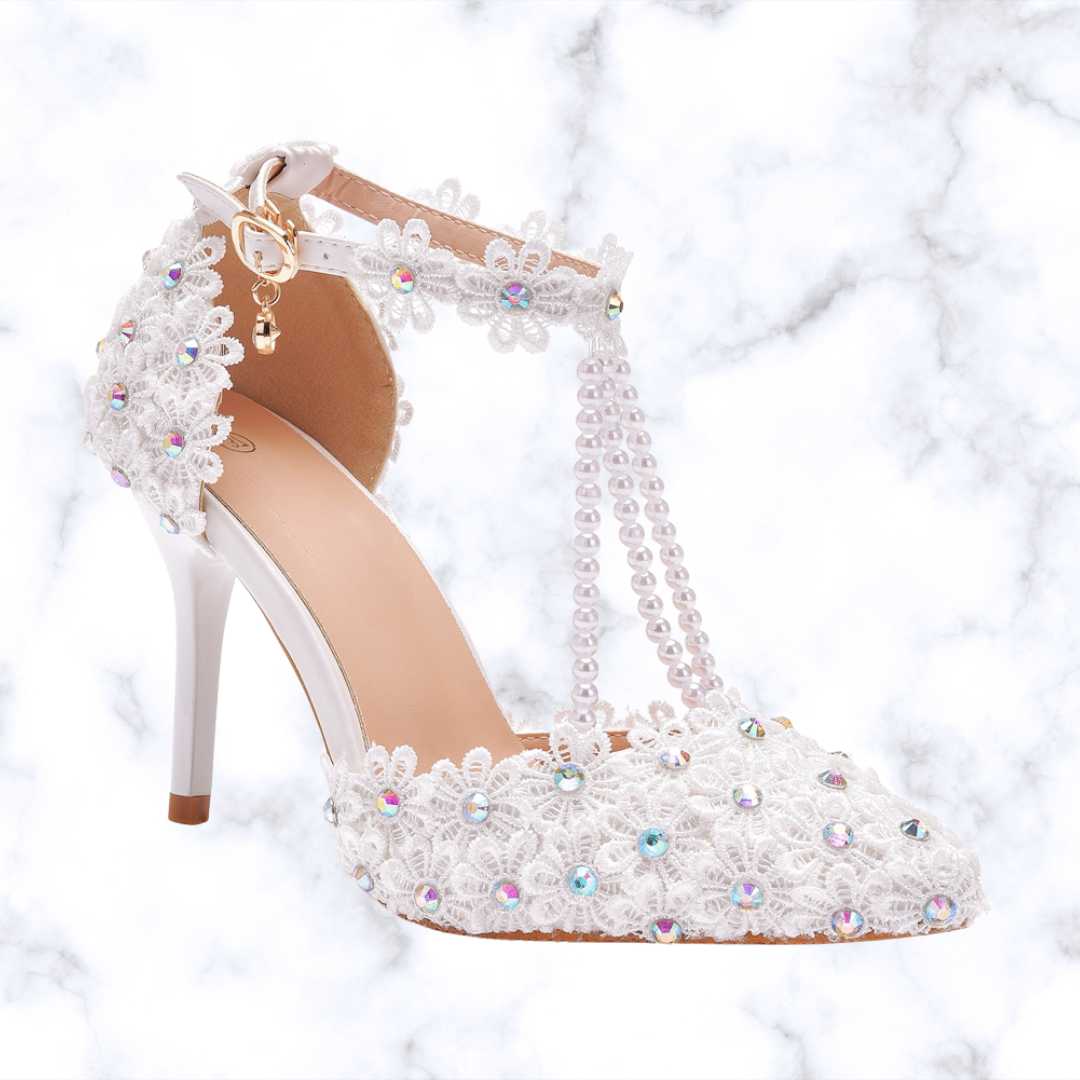 Handmade Designer White Gladiator-Style Bridal High Heels with Rhinestones, Lace, Tassels, and Beads