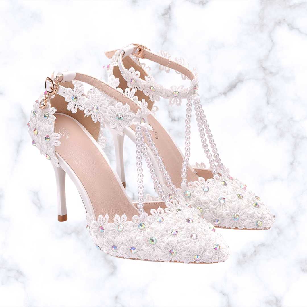 Handmade Designer White Gladiator-Style Bridal High Heels with Rhinestones, Lace, Tassels, and Beads