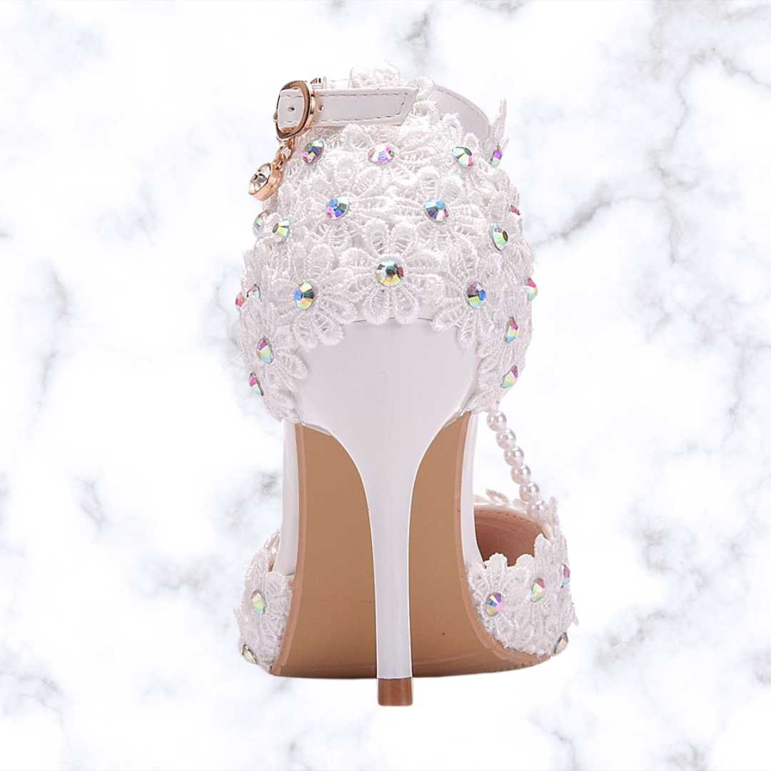 Handmade Designer White Gladiator-Style Bridal High Heels with Rhinestones, Lace, Tassels, and Beads