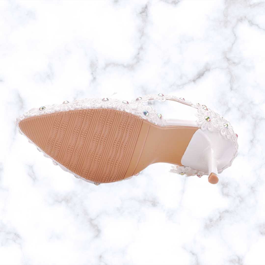 Handmade Designer White Gladiator-Style Bridal High Heels with Rhinestones, Lace, Tassels, and Beads