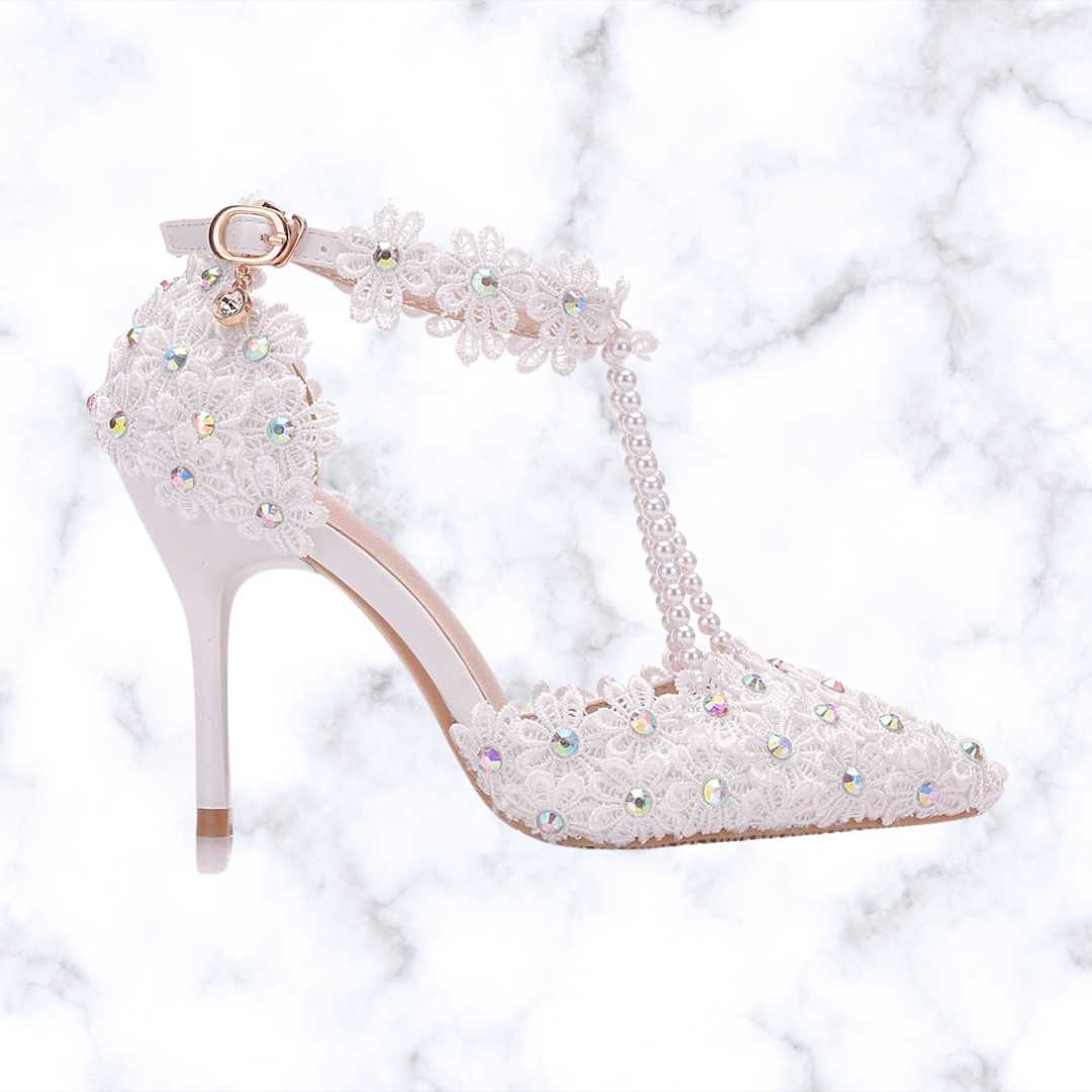 Handmade Designer White Gladiator-Style Bridal High Heels with Rhinestones, Lace, Tassels, and Beads